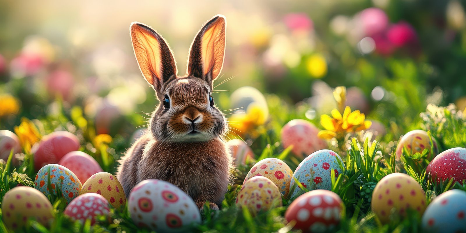 Cute rabbit surrounded by colorful Easter eggs in a vibrant spring meadow at sunset